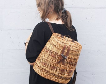 Wicker backpack with leather handles Foraging basket backpack