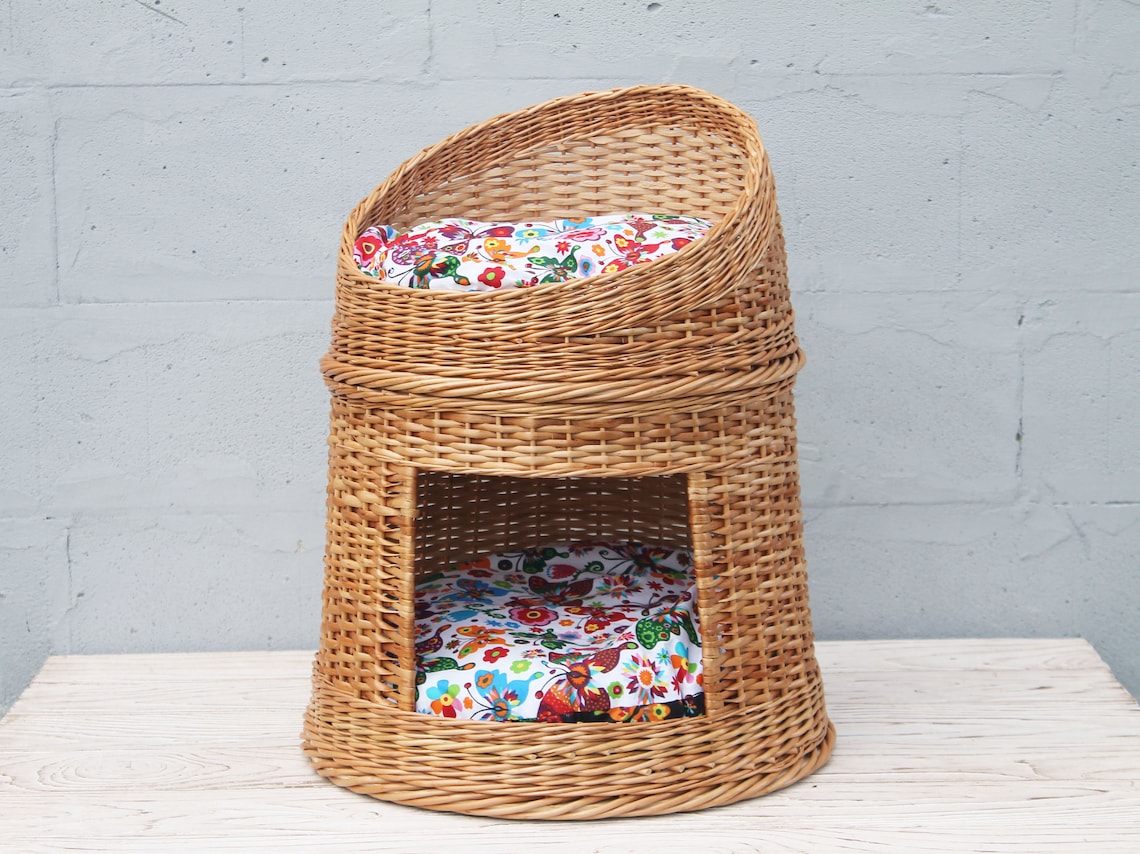 Wicker cat bed Two level cat house Woven cat basket Pet bed Etsy