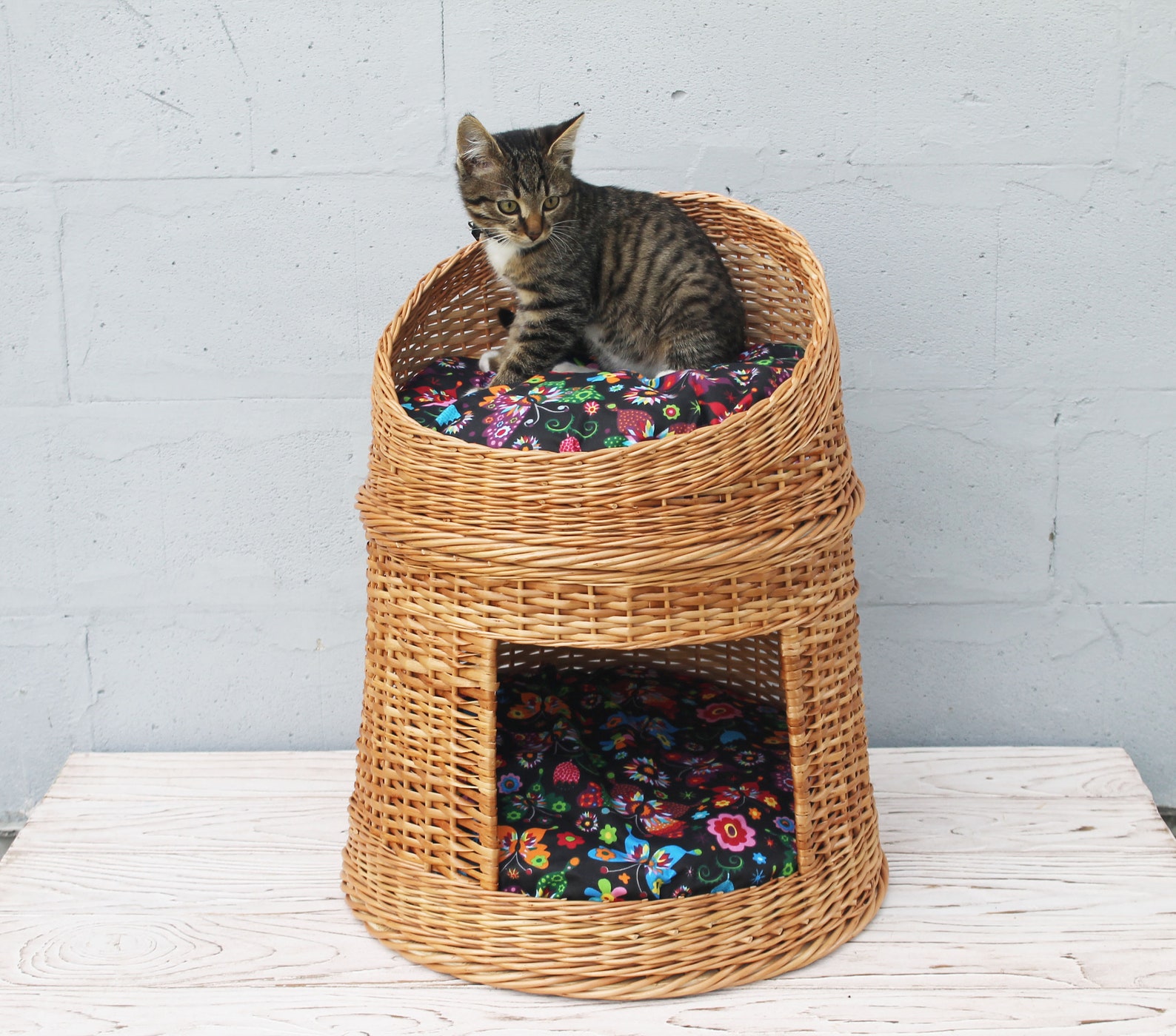 Wicker cat bed Two level cat house Woven cat basket Pet bed Etsy