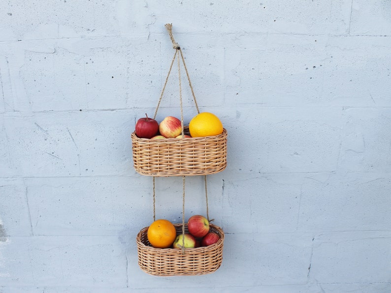 Wicker hanging fruit basket for kitchen Woven storage basket wall mount image 8