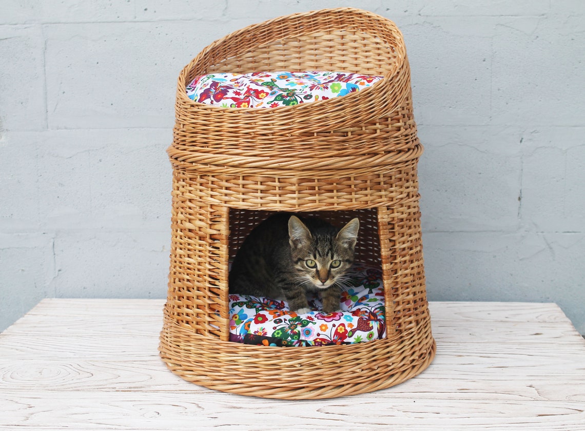 Wicker cat bed Two level cat house Woven cat basket Pet bed Etsy