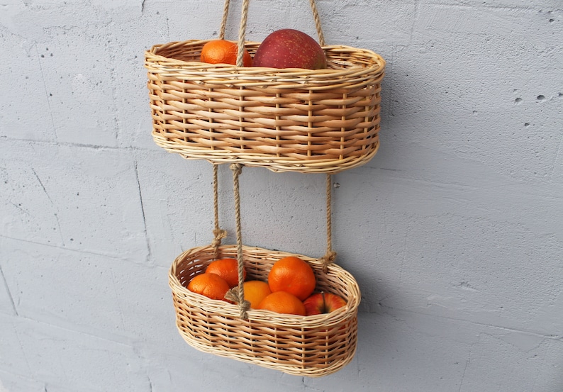 Wicker hanging fruit basket for kitchen Woven storage basket wall mount image 5