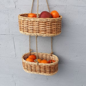 Wicker hanging fruit basket for kitchen Woven storage basket wall mount image 2