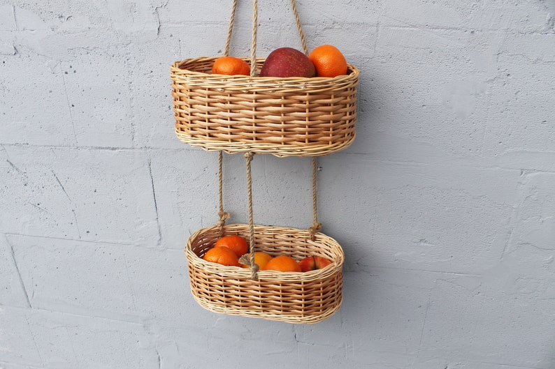 Wicker hanging fruit basket for kitchen Woven storage basket wall mount image 2