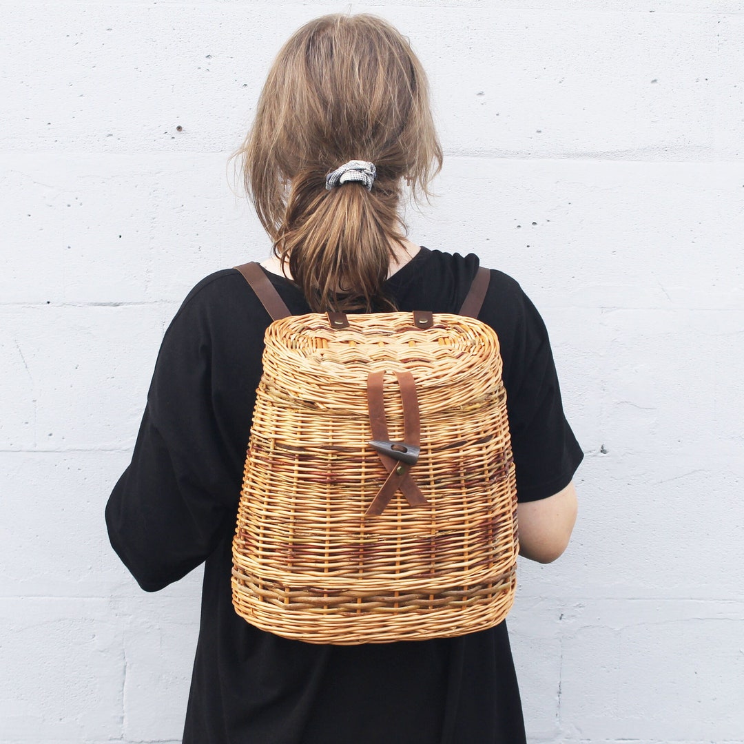 Wicker Backpack With Leather Handles Willow Mushroom Basket Etsy