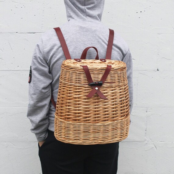 Wicker Backpack With Leather Straps Mushroom Basket With Lid  display picture 1