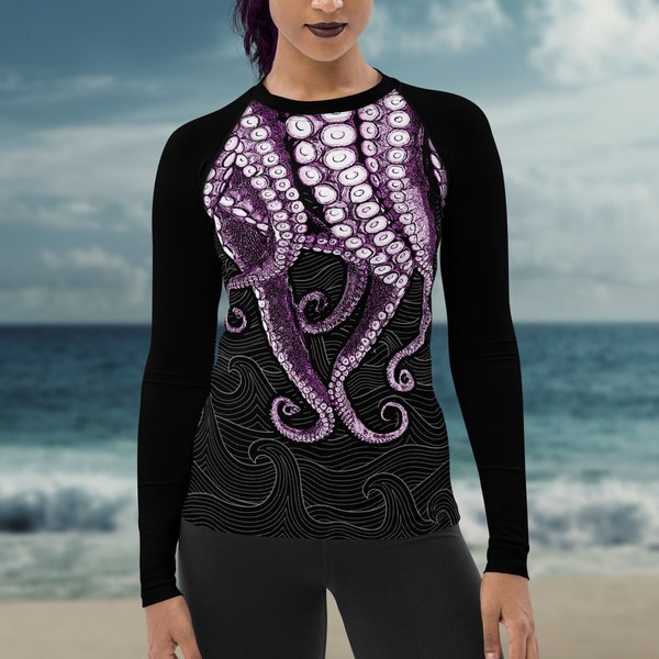 Women's Rash Guard - Gothic Tentacle Design - Sea Witch Purple and Black