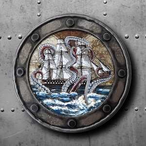Kraken Attack'n A Pirate Ship Nautical Porthole Art