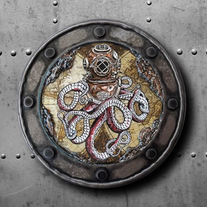 Casco de buceo antiguo Steampunk con forma de ojo de buey