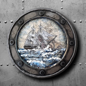 Piratenschiff Kraken Attack Nautische Kunst Bullauge