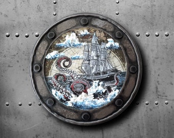 Kraken & Pirate Ship Nautical Art Porthole