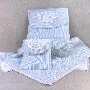 Baby linen blanket and two handy bags set, Blue and white linen Baby boy gift, So chic Mum gift,  Eco friendly Mom gift, Little baby boy set