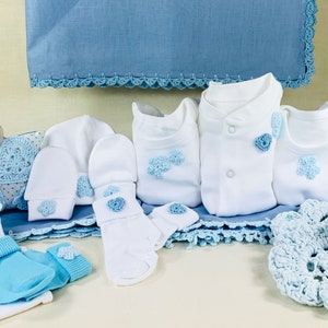 Welcome baby boy set, Baby Shower Basket, Hospital Baby Homecoming, Unique blue flowers and hearts baby clothes gift, Blue linen baby hamper