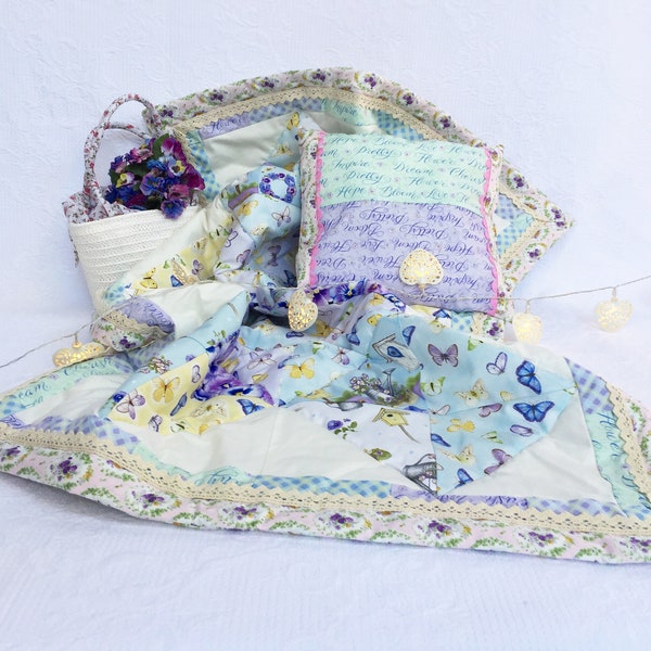 Shabby Chic Baby Patchwork quilt set,Exquisite gift for a Newborn, Floral and butterflies baby quilt, Very soft and light baby quilt gift,