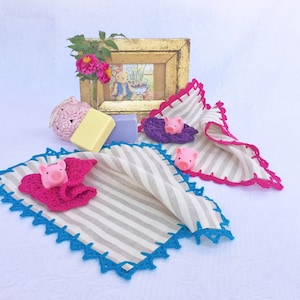Zero waste eco friendly family. Handmade crocheted linen washcloths and sponges set, Baby bathtime set, Linen and cotton baby wipes