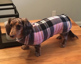 Miniature Dachshund Dog Coat Jacket Fleece and Sherpa Pink/Black Plaid, Custom Order