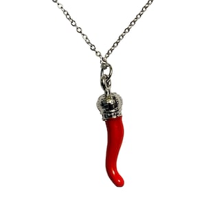 Italian Red Horn Necklace - Silver Cornicello Good Luck Pendant with Sterling Silver Chain