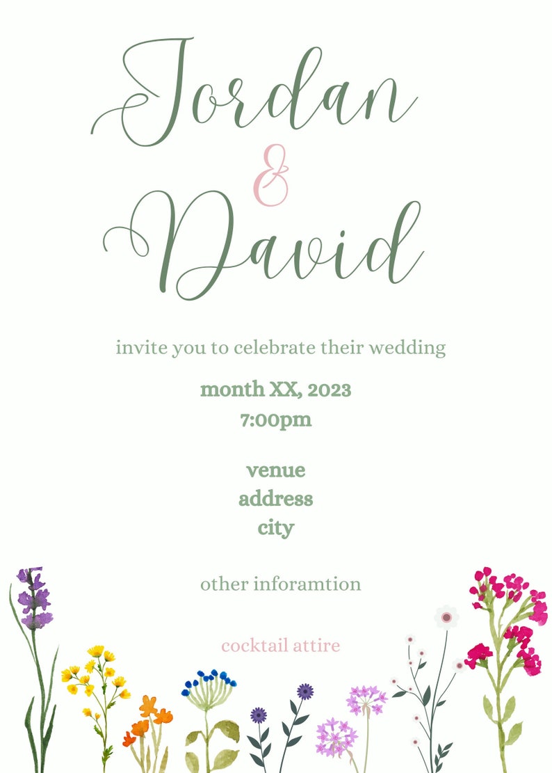 Printable Digital Download 5X7 Wedding Invite Invitation Floral Pretty ...