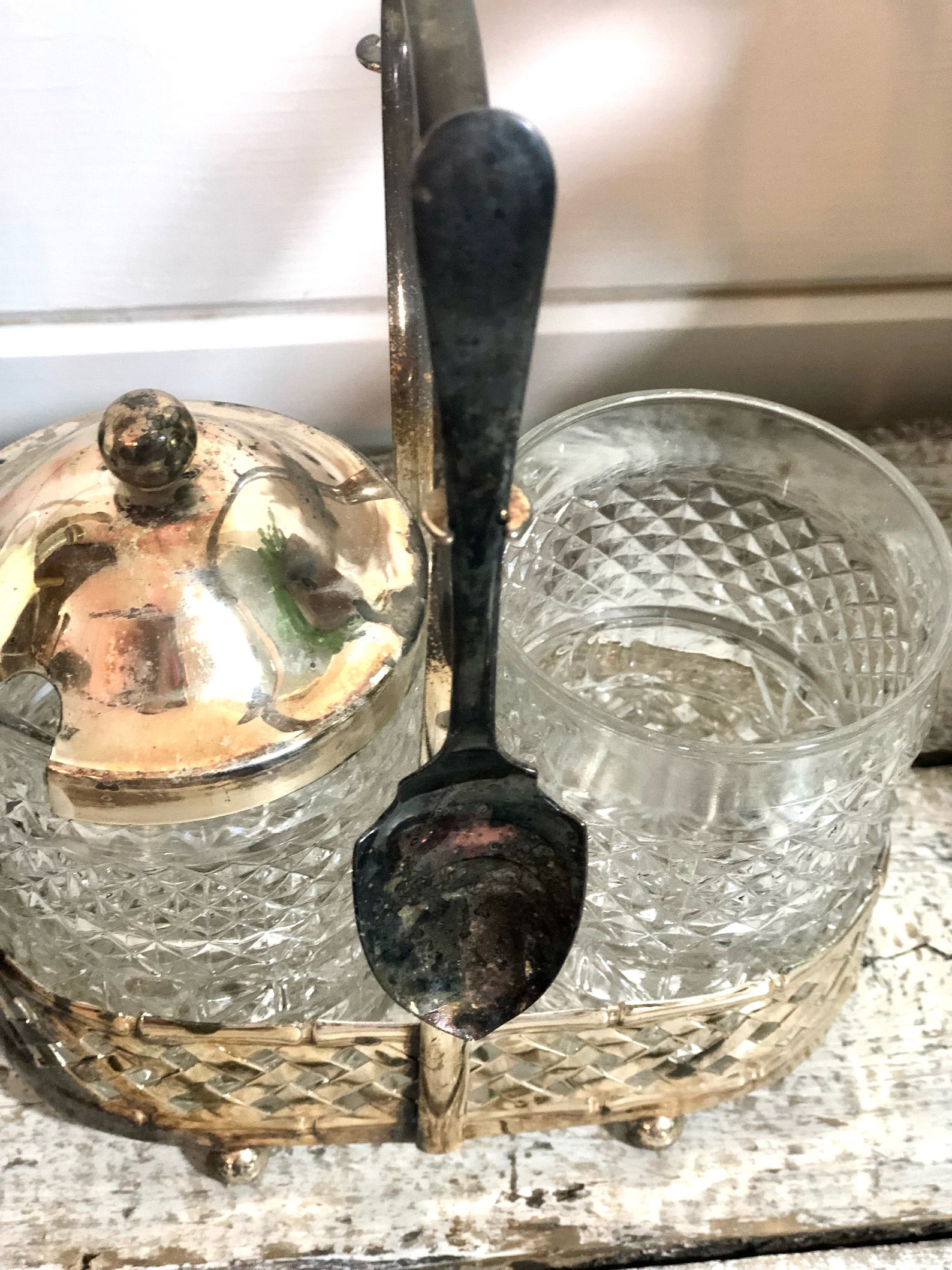Vintage Jam Caddy Glass Tarnished Silver Shabby Chic Etsy