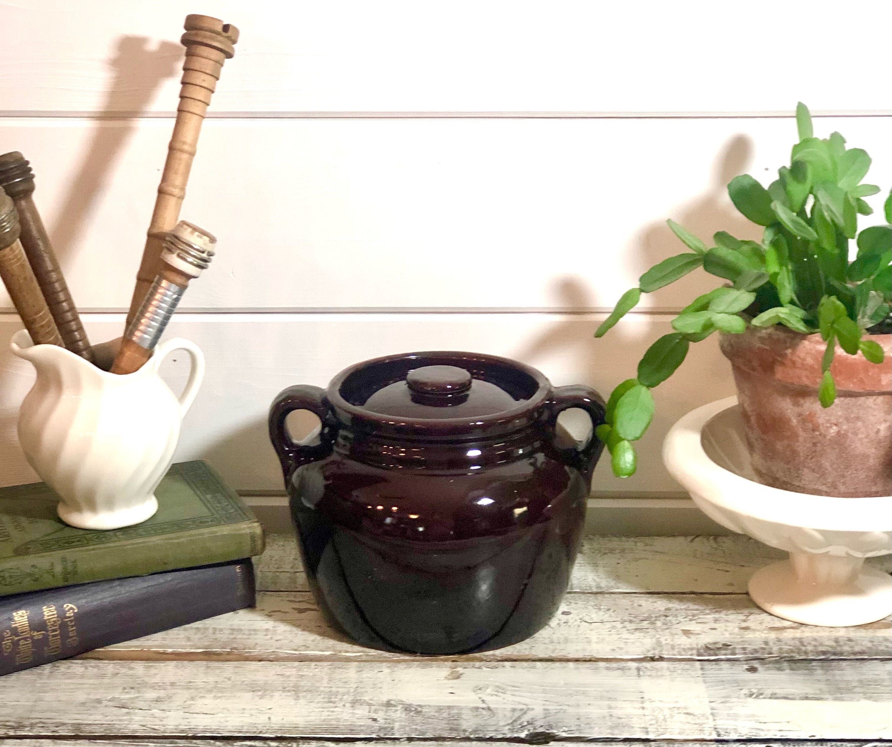 Vintage Brown Pottery Bean Pot / USA Stamped / Farmhouse Home Etsy