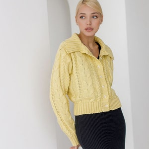 Cable cropped knit cardigan Collared sweater Womens buttons knitted jacket