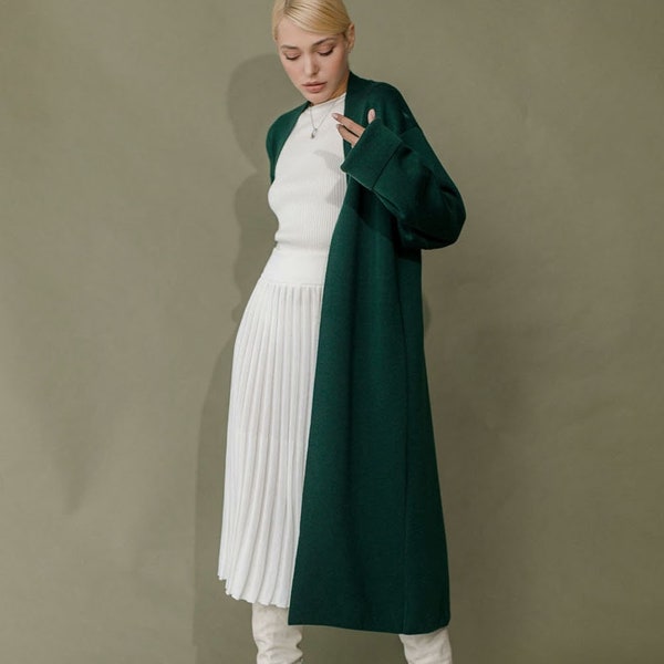 Cardigan en laine mérinos Vert émeraude Pull long pour femme en maille