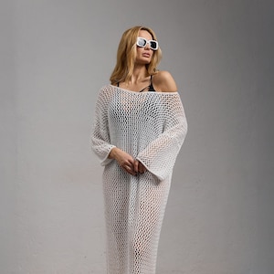 White mesh knit dress Maxi oversized croched cover up for seaside vacance