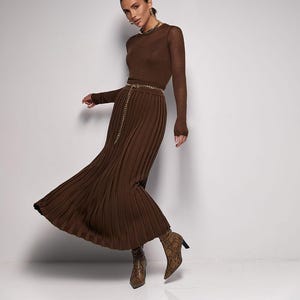 Maxi pleated skirt women Brown long A line cotton knitted skirt