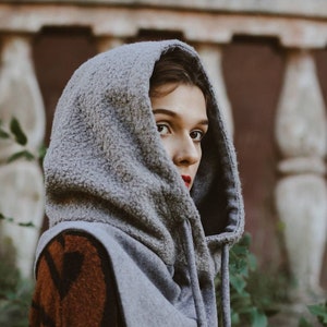 Faux fur hooded scarf Gray scarf with hood for woman Warm hood cowl