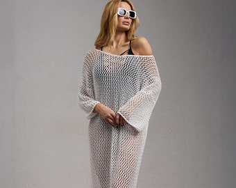 White Mesh Knit Dress Maxi Oversized Croched Overdress Cover up for seaside vacance