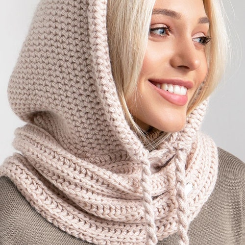 Gray Hooded Scarf Womens Snood Knitted Hooded Scarf Etsy