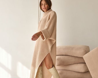 Knit chunky rib sweaterdress Split knit maxi sweater Long asymmetrical sweater