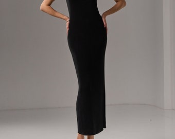 Black Rib knit Bodycon Maxi Ladies Dress with slit High neck Sleeveless Minimalist Casual Outfits for Women