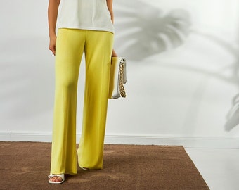 Wide leg pants Yellow summer palazzo pants Knit womens cotton trousers