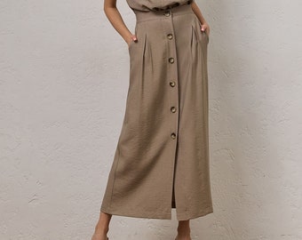 Long button down A-line summer skirt Beige womens midi lightweight skirt