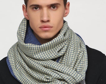 Mens blue scarf Wool houndstooth scarf Infinity scarf with snaps Mens cowl scarf Loop scarf