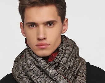 Man wool scarf Brown wool scarf Winter scarf with snaps Plaid mens Warm Scarf