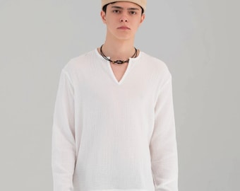 Men's White Double-Gauze Cotton Shirt, Relaxed Fit V-Neck Tunic, Boho Beach Attire
