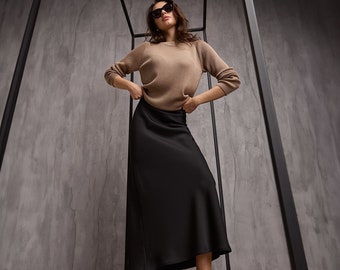 Satin Maxi A-line Ladies Skirt Black Long Silky skirt Elegant Formal Outfit
