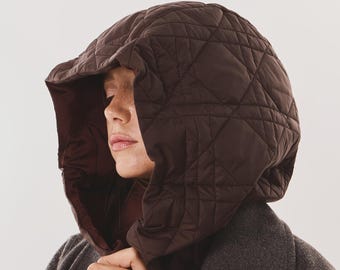 Warm Winter Detachable Hood with Satin Lining, Quilted Bonnet Snood with Collar