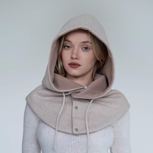 Beige detached hooded scarf Winter cozy wool fleece cowl hood Christmas gift for women