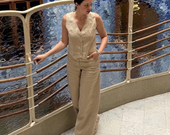Linen Barrel Pants Button Down Vest, Tailored Summer Linen Co-ord Set