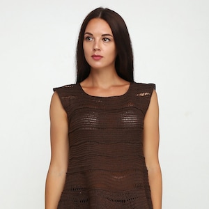 Crochet brown natural linen sleeveless long top with peplum