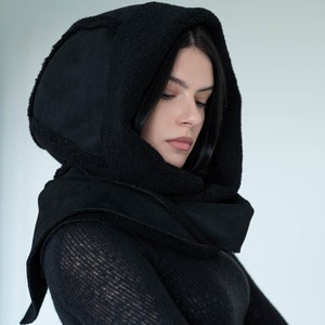 Faux Fur Black Hooded Scarf, Faux Fur Scarf, Black Hood With
