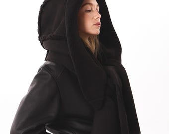 Warm Faux Sheepskin Oversized Hooded Scarf, Maxi Winter Cowl Hood Unisex