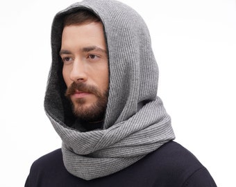 Gray rib knit hooded scarf Warm circle scarf with hood  Knitwear cowl hood with long scarf