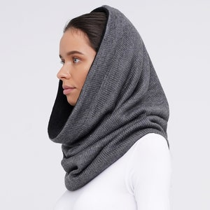 Gray hooded scarf Winter womens snood Wool knit hooded scarf