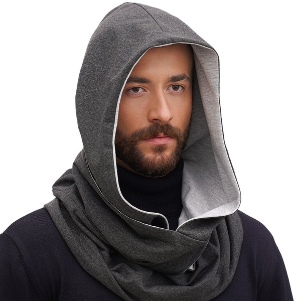 Black Cotton Dune Hooded Scarf Reversable Scarf with Hood Circle Cowl hood for Travel Festival Cosplay