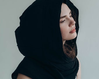 Black organic cotton hooded scarf Sun ptotection head cover Natural fabric scarf with hood Maxi cowl hood shawl for travel