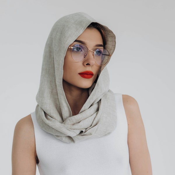 Linen hooded scarf Natural fabric round scarf with hood Linen circle womens cowl hood